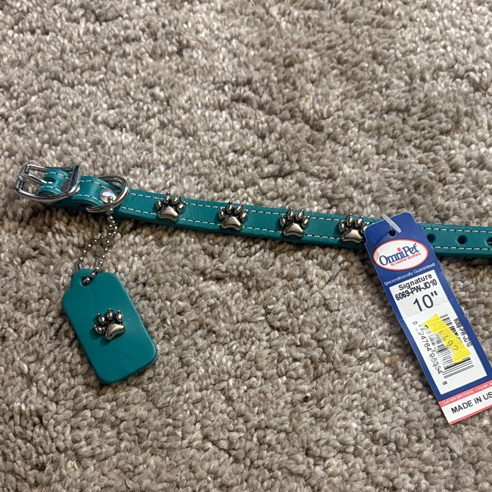 New Omni Pet Leather Teal Dog Collar with Paw Charm xs/s
